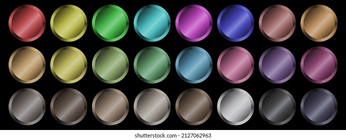 Metal chrome circle buttons set. Vector Metallic rose gold, bronze, silver, steel, holographic, golden badge. Foil shiny color design elements for background, web, apps.