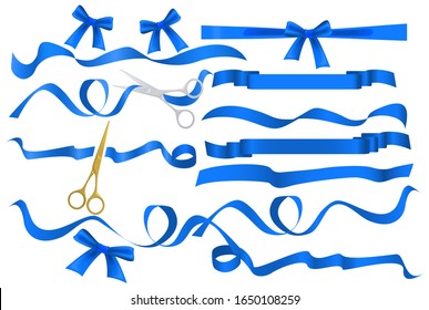 Metal chrome and golden scissors cutting azure blue silk ribbon. Realistic opening ceremony symbols Tapes ribbons and scissors set. Grand opening inauguration event public ceremony