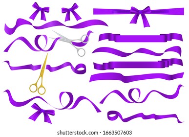 Metal chrome and golden scissors cutting purple violaceous violet silk ribbon. Realistic opening ceremony symbols Tapes ribbons and scissors set. Grand opening inauguration event public ceremony