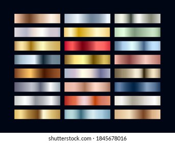 Metal chrome gradient color set. Metallic rose gold, bronze, silver, elegant red, deep blue, pistachio green, golden swatches palette. Vector shiny background collection for border, frame, design, web