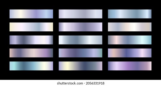 Metal chrome gradient color set. Metallic rose gold, bronze, silver, elegant pearl, midnight green, golden swatches palette. Vector shiny background collection for border, frame, label, flyer design.