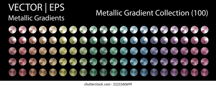 Metal chrome gradient color set. Metallic rose gold, bronze, silver, elegant pearl, midnight green, golden swatches palette. Vector shiny background collection for border, frame, label, flyer, design.