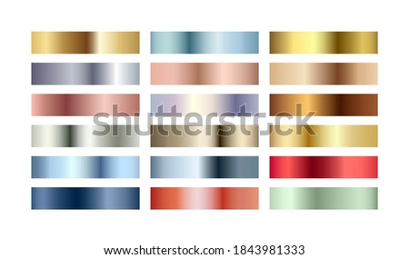 Metal chrome gradient color set. Metallic rose gold, bronze, silver, elegant blue, green, golden swatches palette. Vector shiny background collection for border, frame, label, web, design.