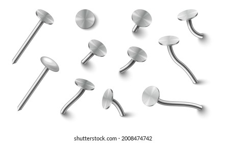 Metal chrome nails hammered into wall, straight and bent metallic hardware with gray caps isolated on white background. Realistic 3d vector illustration