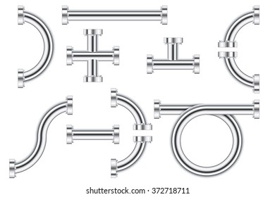 Metal chrome pipes with flange. Vector illustration isolated on white background