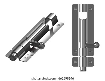 Metal chrome plated bolt, in closed position, top view and general view isolated on white background
