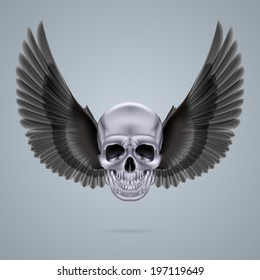 Metal chrome skull with two black crow wings.