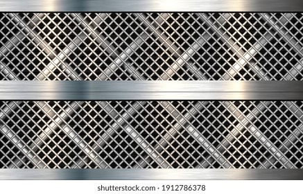Metal Chrome Steel Grating Seamless Structure. Metal Fence On A Dark Background. Metal Net Seamless.Cage. Grill. Mesh. Octagon Background. Honeycomb Lattice Of Abstract Background. Vector EPS 10