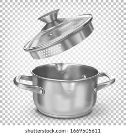 Almacén de cocina vectorial cromado metálico para sopa con la tapa abierta. 3d ilustración realista aislada en fondo transparente. Utensilios de cocina.