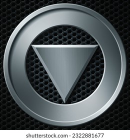 Metal circle around triangle on the dark perforated background. Vector illustration.