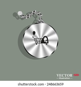 Metal circle with a chain on a green background. Shadow. Shopping with a cabin for children and inflatable festive ball. Vector illustration, EPS 10