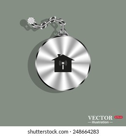 Metal circle with a chain on a green background. Shadow. The house is surrounded by a network wi-fi , vector illustration, EPS 10