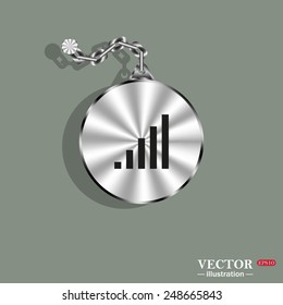 Metal circle with a chain on a green background. Shadow. signal strength indicator, vector illustration, EPS 10