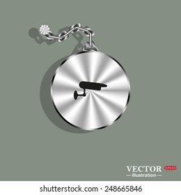 Metal circle with a chain on a green background. Shadow. surveillance Camera, vector illustration, EPS 10