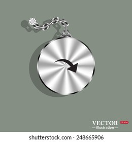 Metal circle with a chain on a green background. Shadow. arrow indicates the direction, vector illustration, EPS 10