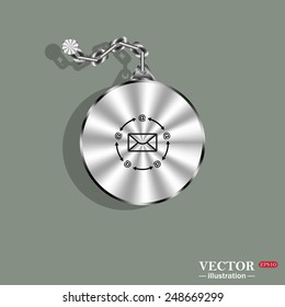 Metal circle with a chain on a green background. Shadow. Internet e-mail, vector illustration, EPS 10