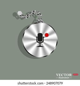 Metal circle with a chain on a green background. Shadow.  Microphone. Voice recording, vector illustration, EPS 10