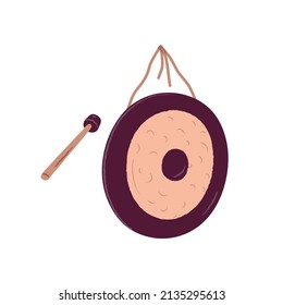 Metal circle gong and hammer for playing. Asian percussion musical instrument with mallet. Round music disc suspended on cord. Flat vector illustration isolated on white background