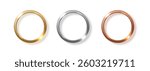 Metal circle isolated. Gold silver and bronze blank medals, button, emblem, label, frame, border. Luxury golden vector realistic