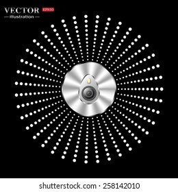 Metal circle on a black background with splashes. icon smartphone camera and flash, vector illustration, EPS 10