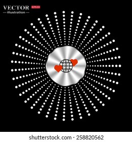 Metal circle on a black background with splashes.  Icon planet and two red hearts. Symbol of love between the nation. Globe.  vector illustration, EPS 10 