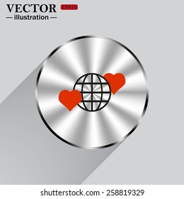 Metal circle on a gray background with shadow.  Icon planet and two red hearts. Symbol of love between the nation. Globe.  vector illustration, EPS 10 