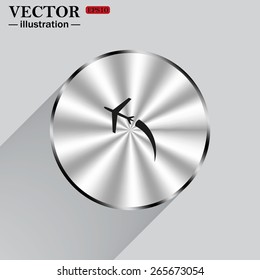 Metal circle on a gray background with shadow.  The plane takes off. Icon plane. Vector illustration, EPS 10 