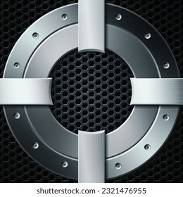Metal circle plates on the dark perforated background. Vector illustration.