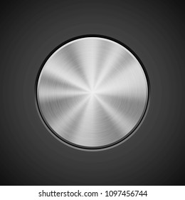 Metal circle push button, technology badge with metallic backhround, bevels and polished, brushed texture, chrome, silver, steel, aluminum for design concepts, web and prints. Vector illustration.