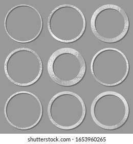 Metal circles frames set with shadows isolated on white background. Pack of silver luxury round borders. Vector illustration


