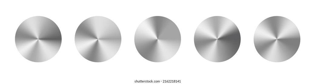 Metal Circles. Radial Silver Texture. Steel Gradient Circles. Round Metal Buttons. Circular Aluminum Badges. Round Chrome Metallic Plate. Shiny Logos. Vector.