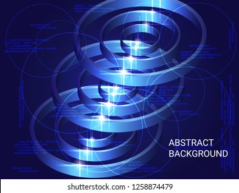 Metal circles sparkle on the background. Creative geometric background. Abstract composition. 3D vector illustration . Blue three-dimensional metal circles in space.