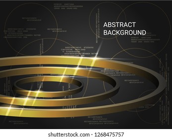 Metal circles sparkle on the background. Creative geometric background. Abstract composition. 3D vector illustration . Gold three-dimensional metal circles in space.