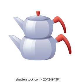 Metal classic turkish double teapot kettle vector illustration on white background