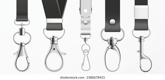 Metal claw clasp on black lanyards set vector illustration