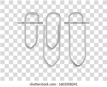 Metal clip for paper document attachment isolated on transparent background. Realistic office glowing element in three different positions. Can be used in your design and business. Vector illustration