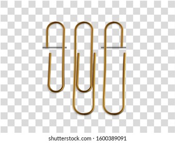Metal clip for paper. Сolorful object, isolated on transparent background and attached to in two positions. Fastener, steel, school accessory. Realistic glowing office element. Vector illustration. 