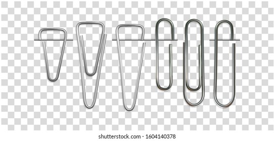 Metal clips for attachment paper documents with soft shadows. Realistic objects isolated on transparent background for use in your projects, business and design. Vector illustrations collection. EPS10