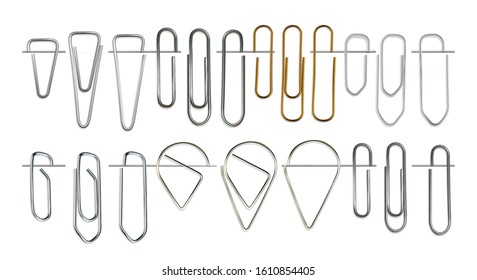 Metal Clips For Attachment Paper Documents With Soft Shadows. Realistic Objects Isolated On Transparent Background For Use In Your Projects, Business And Design. Vector Illustrations Collection. EPS10