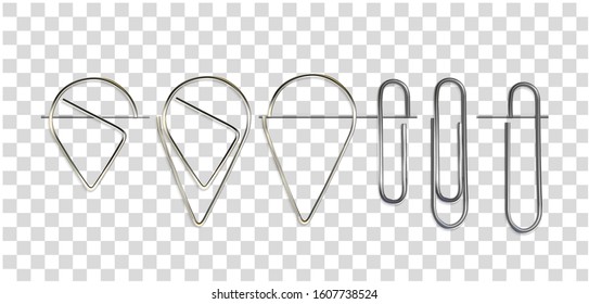 Metal Clips For Paper. Сolorful Objects, Isolated On Transparent Background And Attached To In Two Positions. Fastener, School Accessorys. Realistic Glowing Office Elements. Vector Illustrations Set.