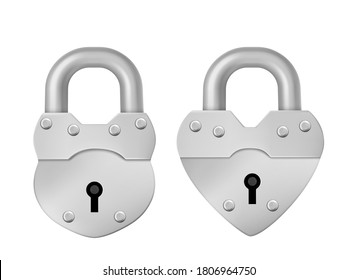 Metal closed padlock isolated on white background. Symbol of safety, privacy and security. Vector realitic set of silver or steel locks in heart shape with keyhole and close hook
