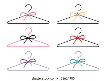 Metal clothes hangers set with ribbon. Assorted colors. Isolated vector design.