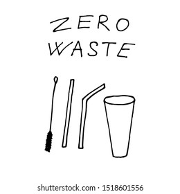 Metal cocktail straw for drinks - zero waste illustration. Vector illustration