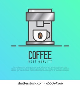 Metal coffee machine with a hot cup with coffee bean. Thin line vector illustration.