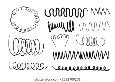 Metal bobina espiral bounce linha de metal mão desenhado doodle. Mola flexível ou flexível de arame. Definir forma torcida ondulada ondulada.