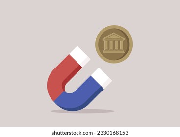 A metal coin attracted by a horseshoe blue and red magnet