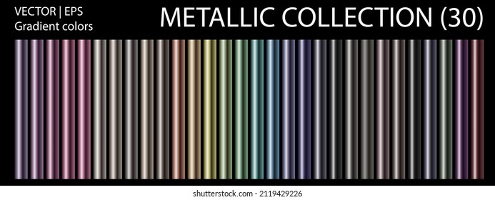 Metal Color. Metallic Gradient. Metallic Pen Mockup. Gold, Silver, Pearl, Bronze palette. Color collection. Steel, iron, aluminium, Tin. Holographic Background. Cocktail Straw. Chrome Texture. Vector.