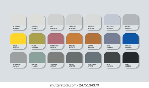 Metal Color Palette, Metal Color Guide Palette with Color Names. Catalog Samples of Metal Colour with RGB HEX codes and Names. Metal and iron Colors Palette Vector, Fashion Trend Grey Color Palette