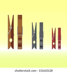 Metal colour clothes pin set on gradient background, vector illustration