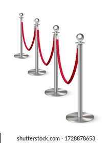 Metal column barrier with red rope. Silver luxury VIP design element for exhibition pavilion, auto show, theatre and cinema premier, winner reward ceremony. Guard object isolated on white background